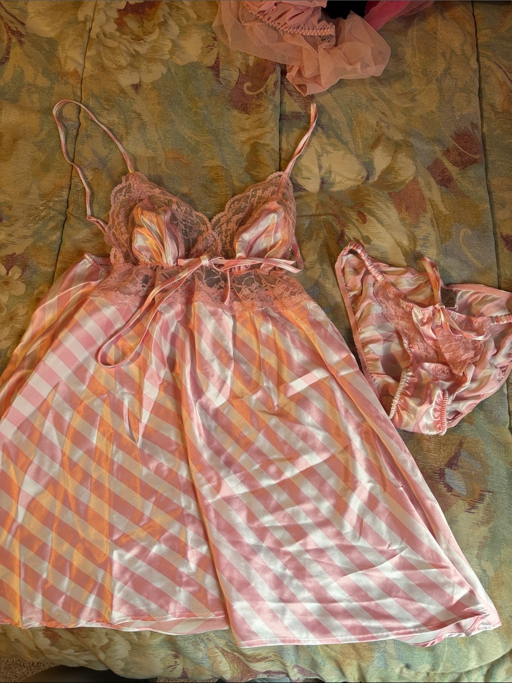 Victoria's Secret Pink and White Satin Lace Chemise with Matching Panty